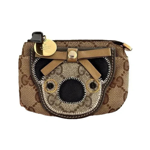 Authentic GUCCI Tan GG Monogram Canvas & Brown Leather Teddy Bear Card Holder - Picture 3 of 16